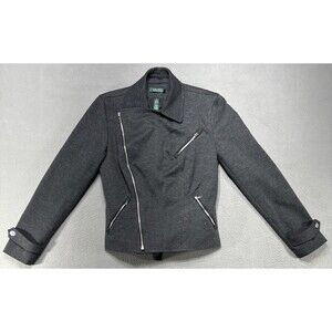 Lauren Ralph Lauren Jacket Womens Small Gray Herringbone Moto‎ Biker Wool Blend